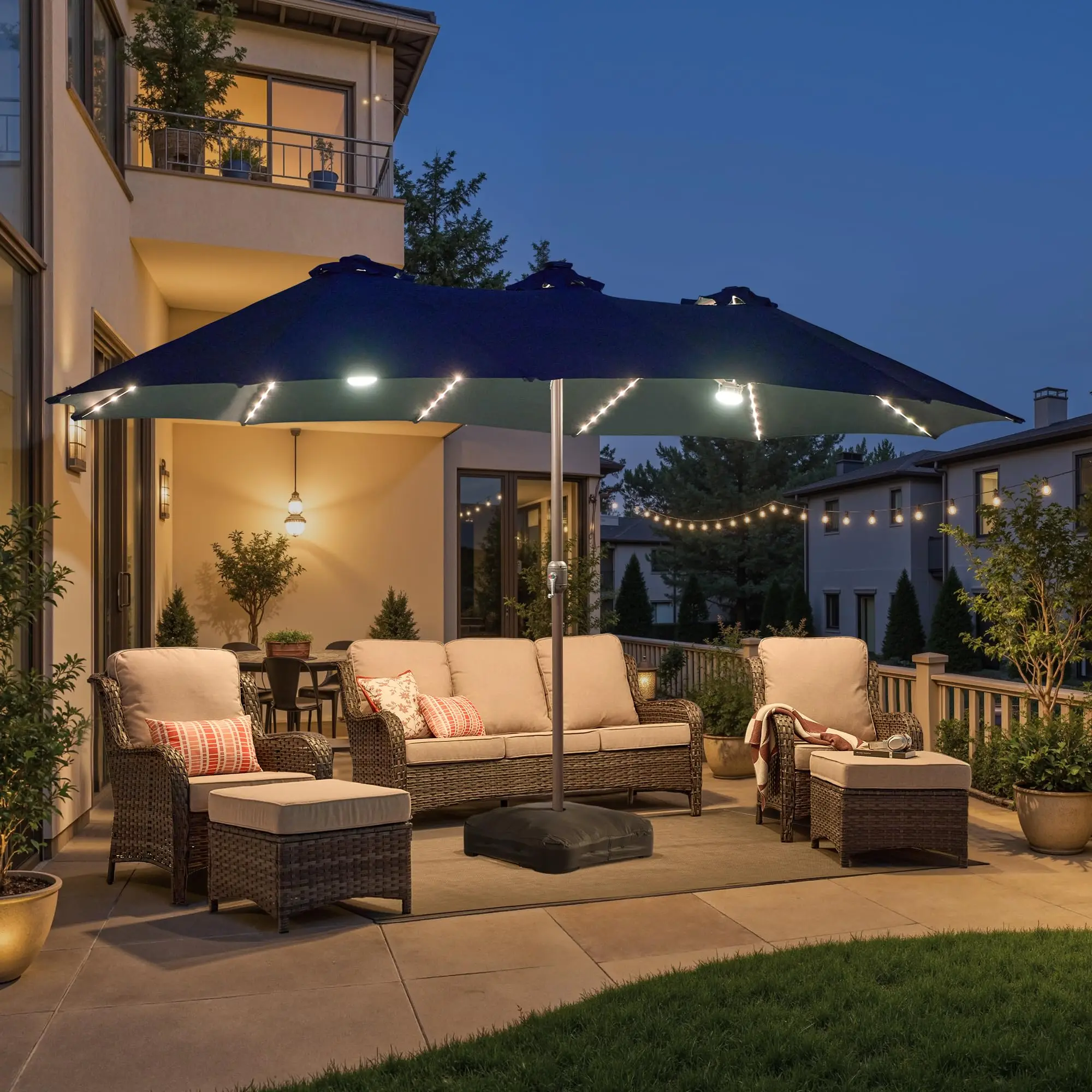 15ft Large Patio Umbrella with Base & Solar Lights, Double-Sided Outdoor Rectangle Umbrellas with 38 RGB Lights