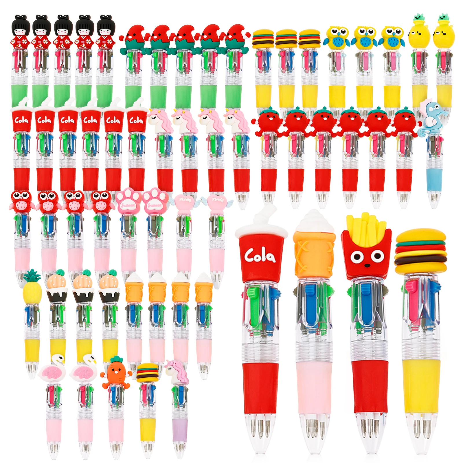 

60Pcs Colorful Ballpoint Pens 4-in-1 Color Ballpoint Pens 15 Cartoon Designs Children's Gathering Gifts Party Gifts