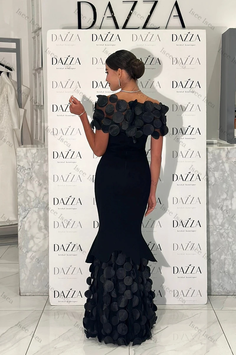 Chinese Stijl Zwarte Avondjurken Trompet 3D Bloemen Avondjurk Off Schouder Prom Dress Aangepaste Vara