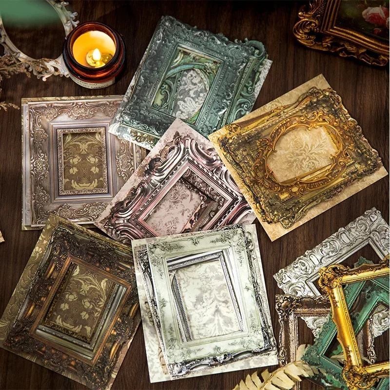 

10Sheets Collage Mirror Frame Antique Notebooks Paper Tag Card Decoration Materials Package Handbook Scrapbook 105*95MM