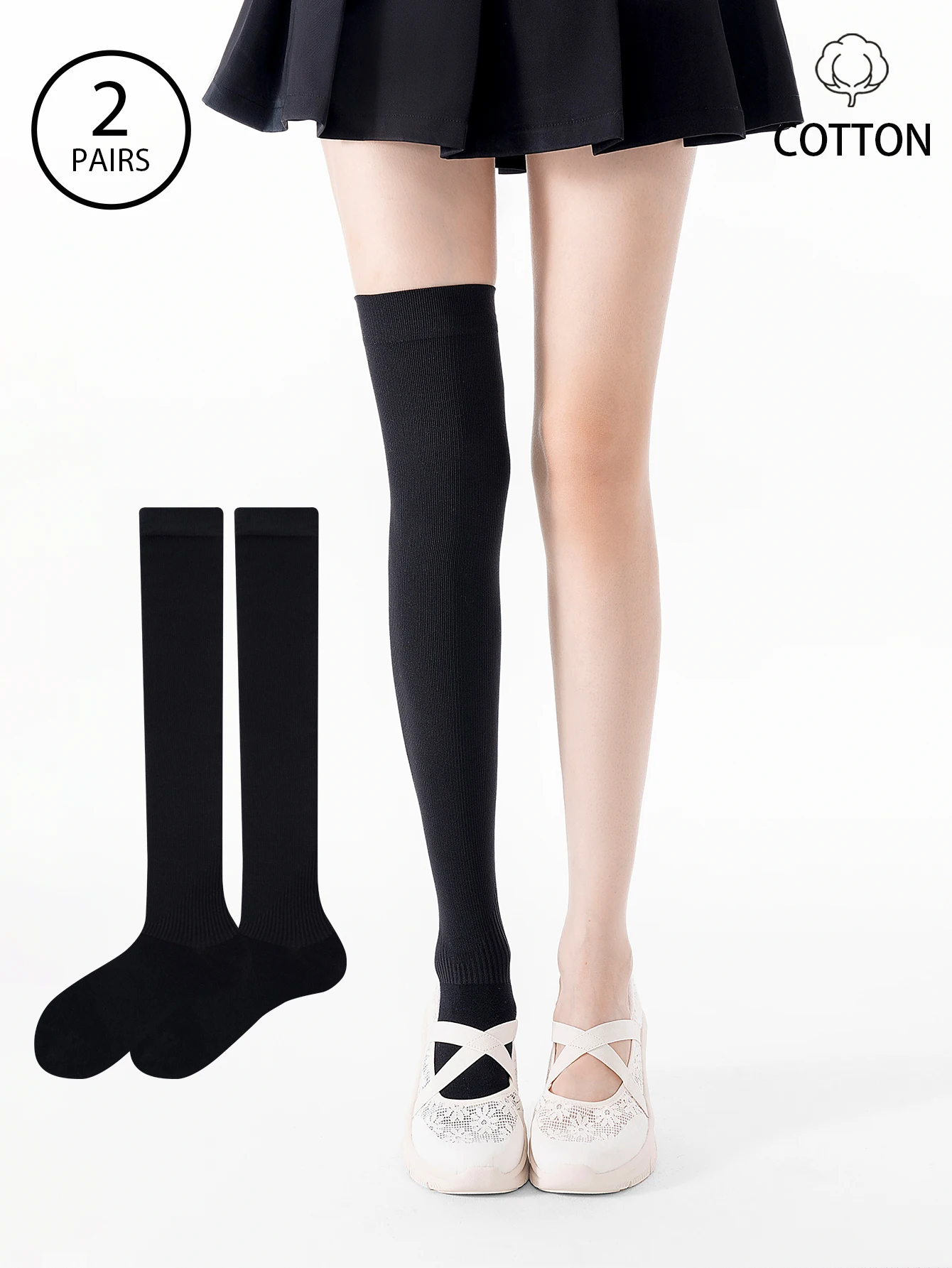 2 Pairs of Women's Black and White Elastic Compression Slimming Over-The-Knee Socks, Jk School Style, Paired with Loafers, Suitable for Daily Wear, Dating, Gift-Giving, and Casual Women's Socks