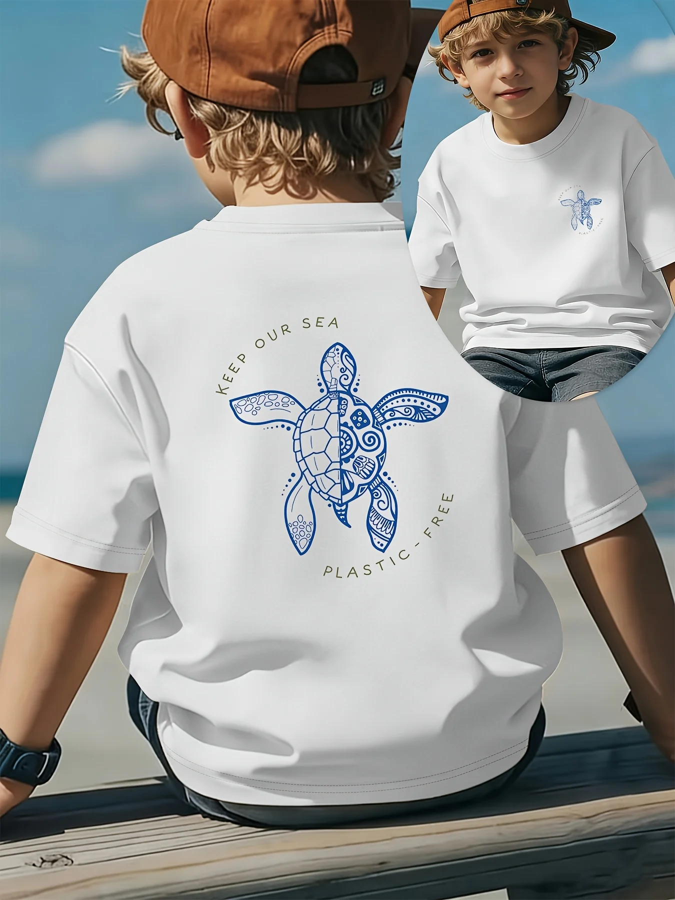 Protecting The Ocean Blue Watercolor Turtle Naturalistic Art Painting Fashionable Summer Round Neck Parent Child Clothing