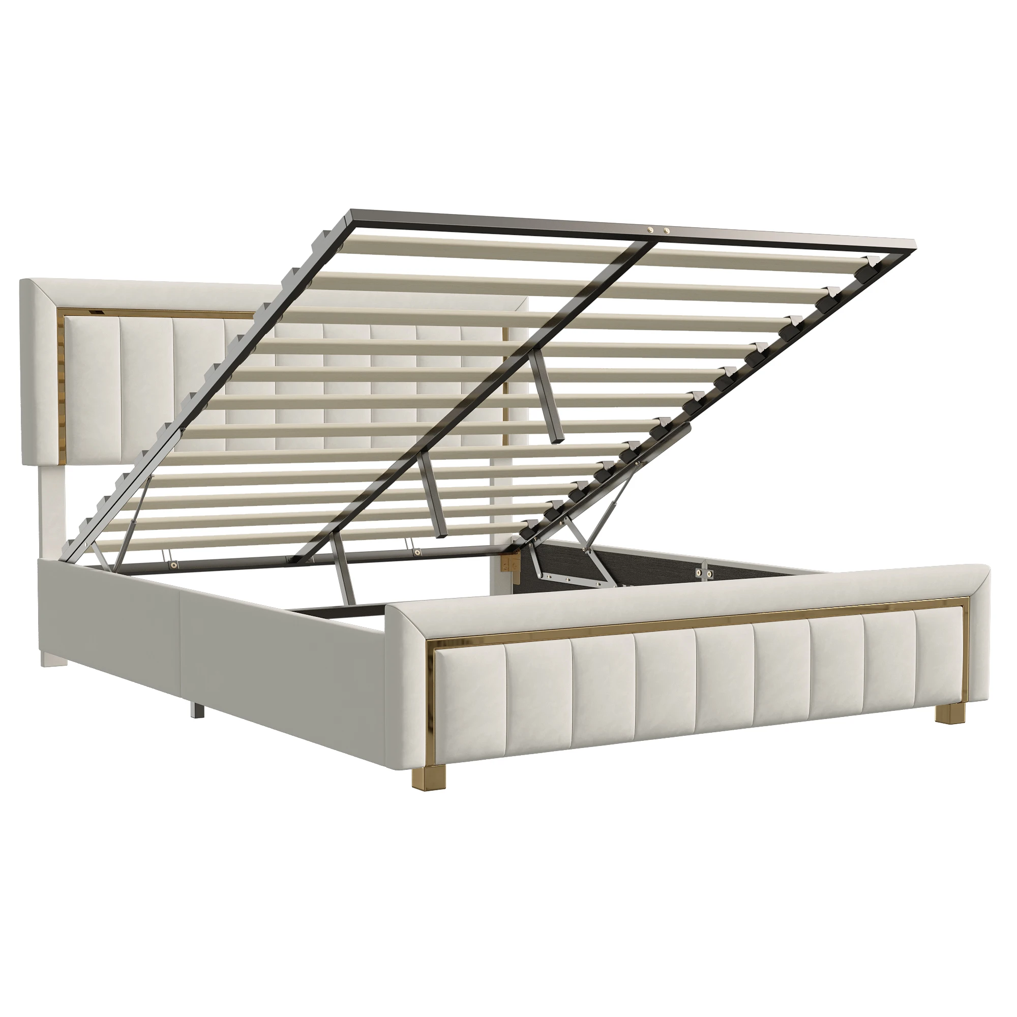 Comanlai 140×200/160×200 cm Gepolstertes Doppelbett, mit Vertikalstreifen und Goldrahmenkanten, Hydraulisches Stauraumbett, Samt