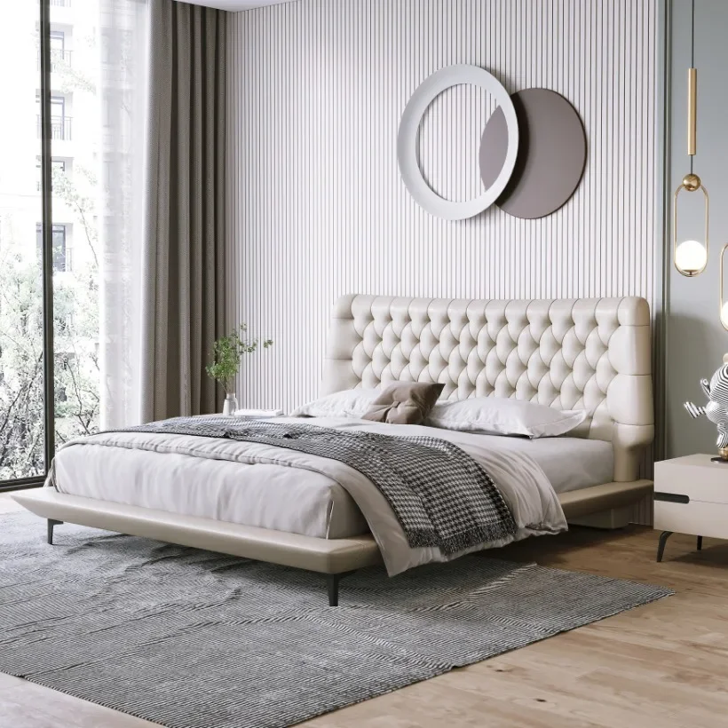 

Leather Bed Double 1.82 Meters Bed Light Luxury Villa Master Bedroom Buckle Bed