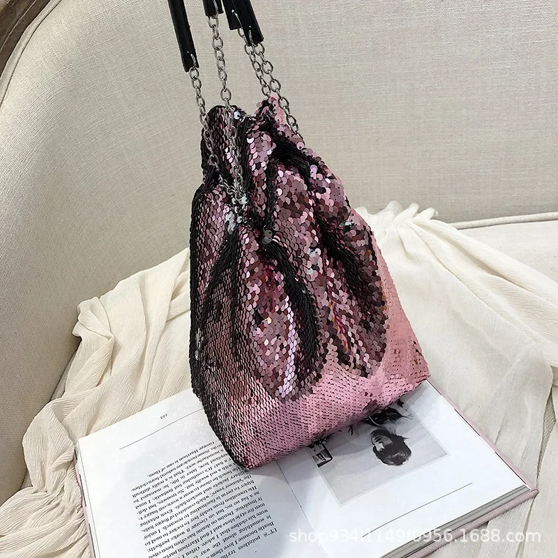 

New Sequin Bucket Bag Fashion Drawstring Tote Chain One Shoulder Crossbody Bag Purses and Handbags