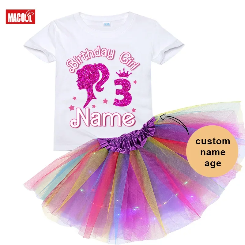 Girl Birthday Outfits Long Sleeve T Shirt Light Tutu Sets T Shirts Rainbow Dress Children Kids Clothing Girls Outfit Party Suit