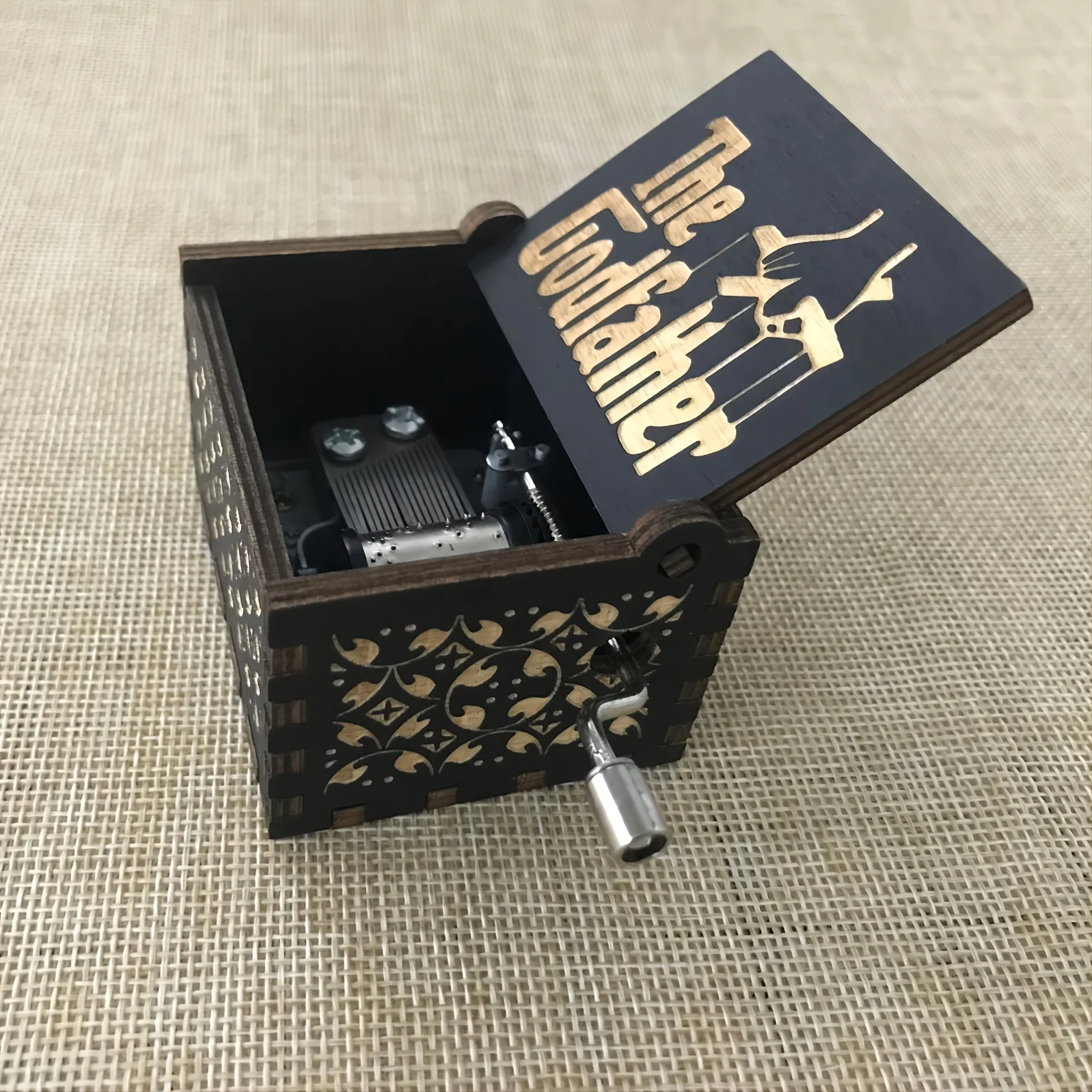 Hand Cranked Black Christmas Music Box Wooden Antique Carved Classic Theme Music for Birthday Party Gifts Family Decoration