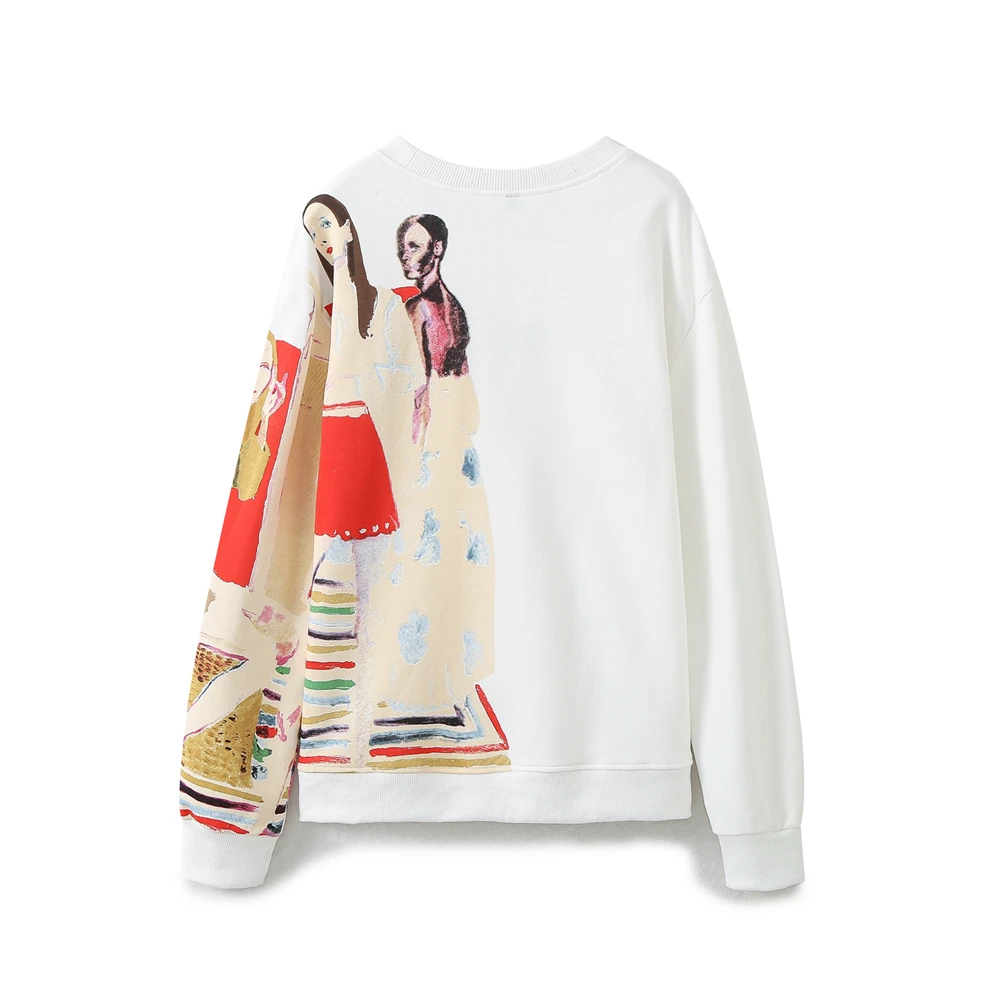 Tangada 2024 Women Print White Sweatshirts Oversize Long Sleeve O Neck Loose Pullovers 6H001