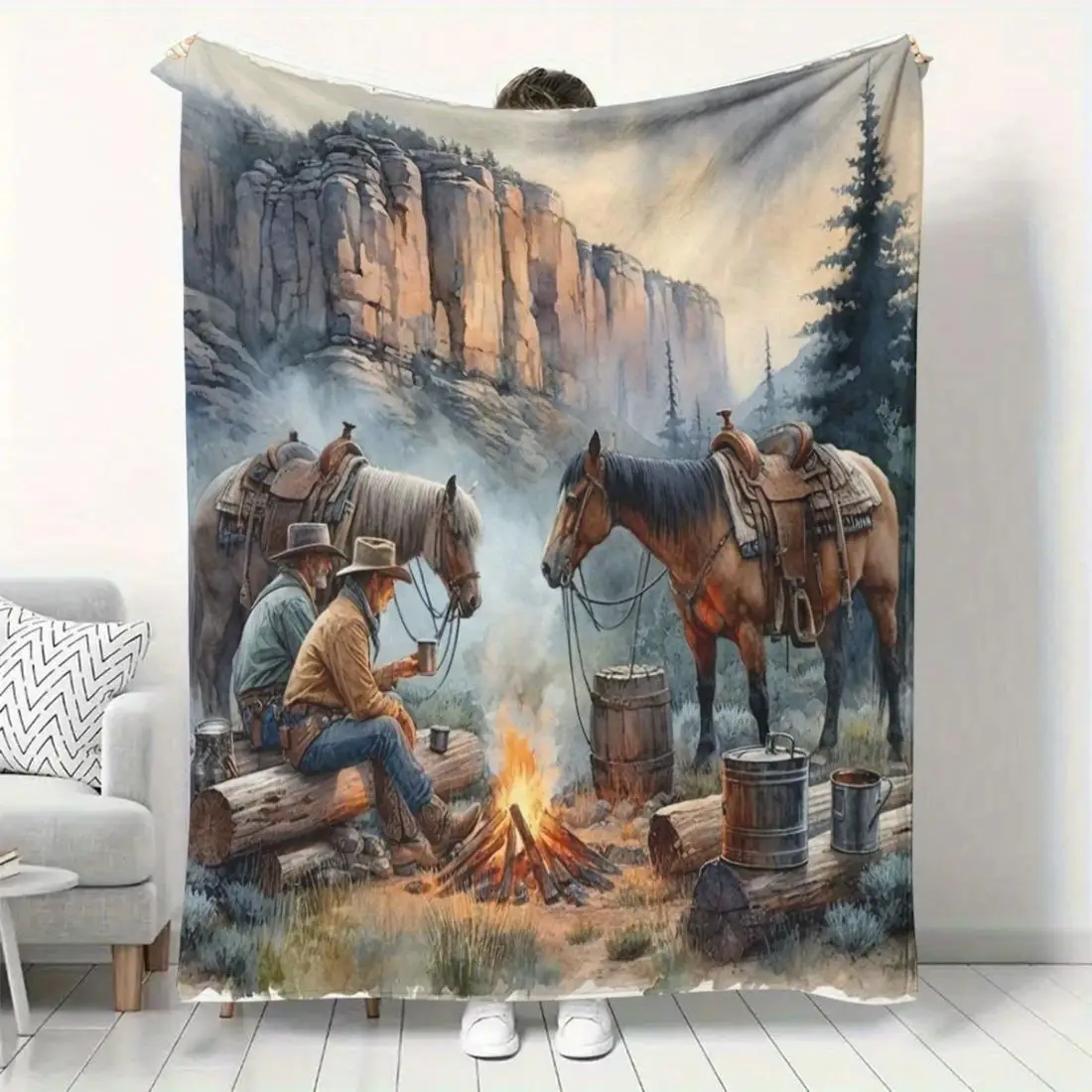Rustic Wild West Pioneer Blanket Throw Tapestry Large Canvas Print Southwestern Canyon Scene Camping Decor for Cabin Home Decor
