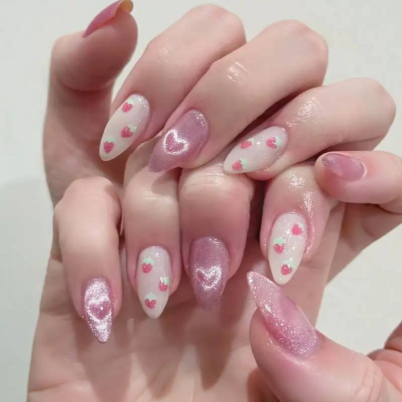 

24pcs Sweet Cat Eye French Press On Nails with 3D Bow Diamond Pointed Almond False Nails for Women and Girls