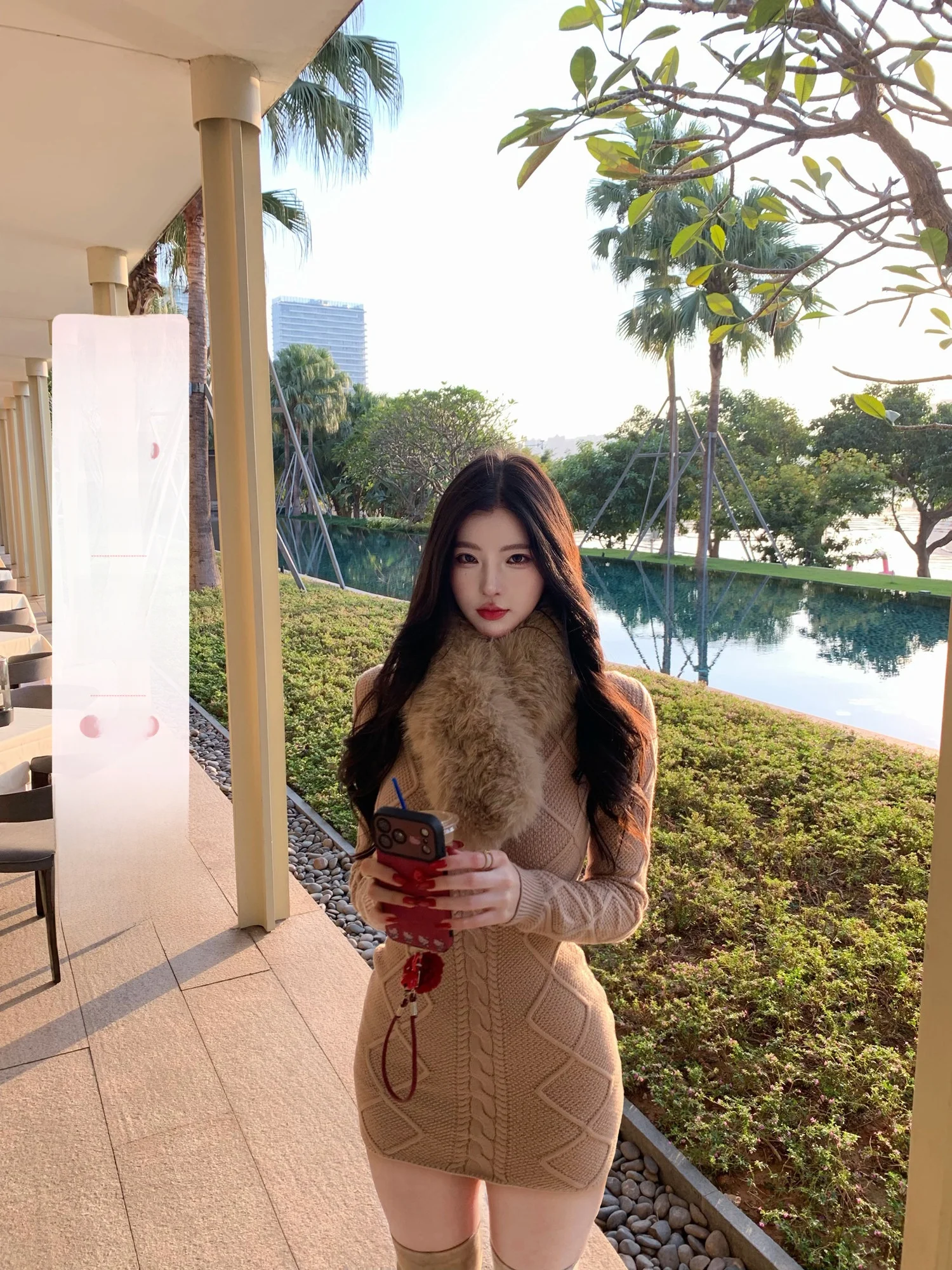 

Autumn Winter Long Sleeve round Neck Dress Women's Waist Cinched Faux Fur Collar Short Skirt Bodycon Dress Casual Style