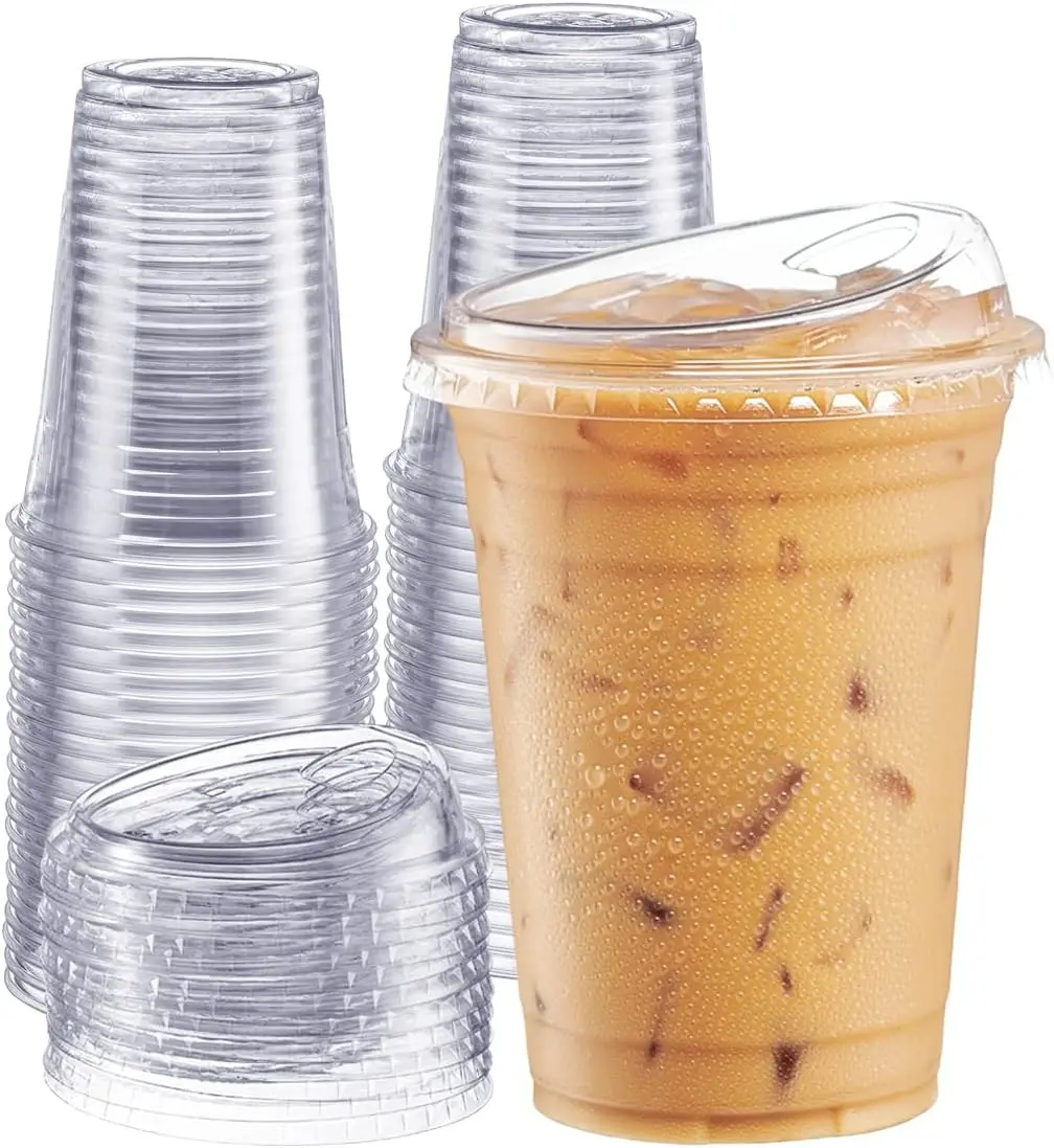 

Clear Plastic Cups with Lids [16 oz - 100 Count] - Disposable Iced Coffee Drink Cups with Strawless Sip Lids for Smoothi