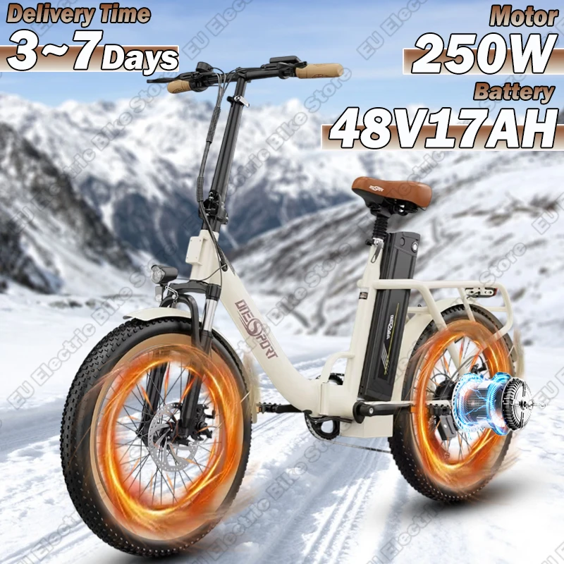 OT16 E-bike 250W Powerful Motor 48V17Ah Lithium Battery City Folding Electric Bike 20*3.0 Inch Fat Tire Snow Electric Bicycle