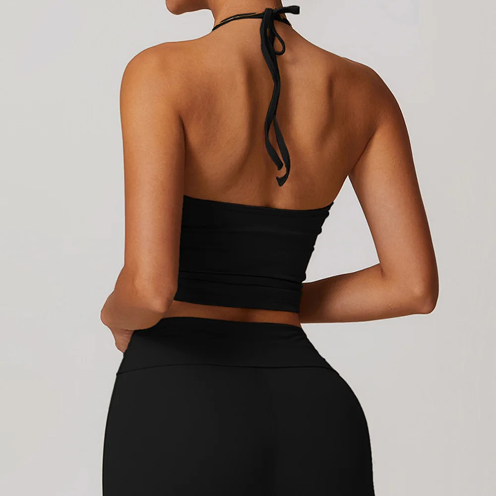 女性用フィットネスヨガブラ、レースバックスポーツブラ、ナイロントップ、セクシーなホルターネック、通気性のある下着、ジム、ランニング用