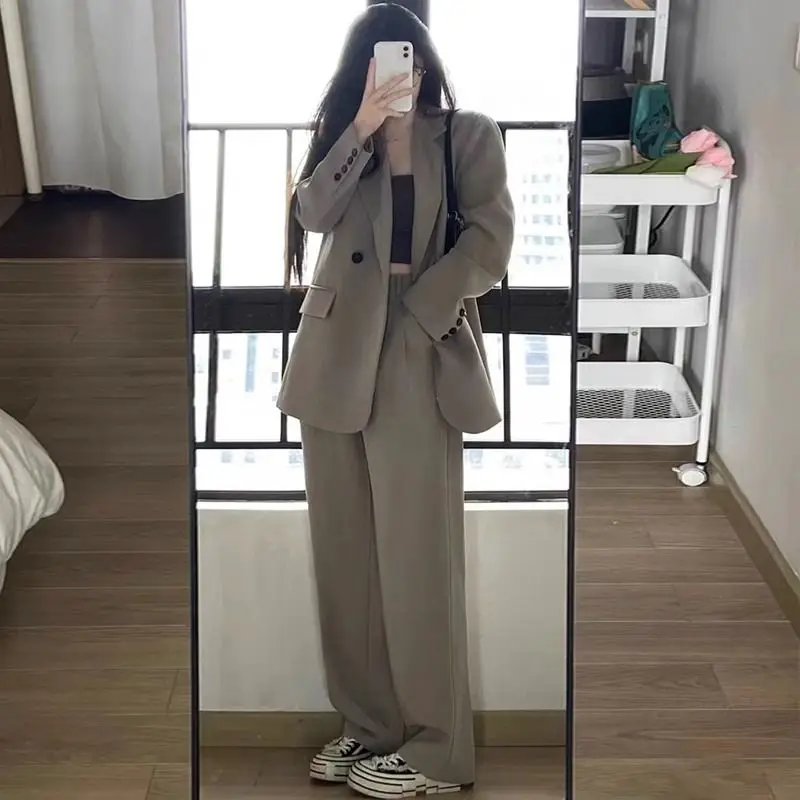 Spring Autumn Gray Suit Jacket Trousers Suit Women Loose Casual High Street Personality Oversize Blazers Female Clothes