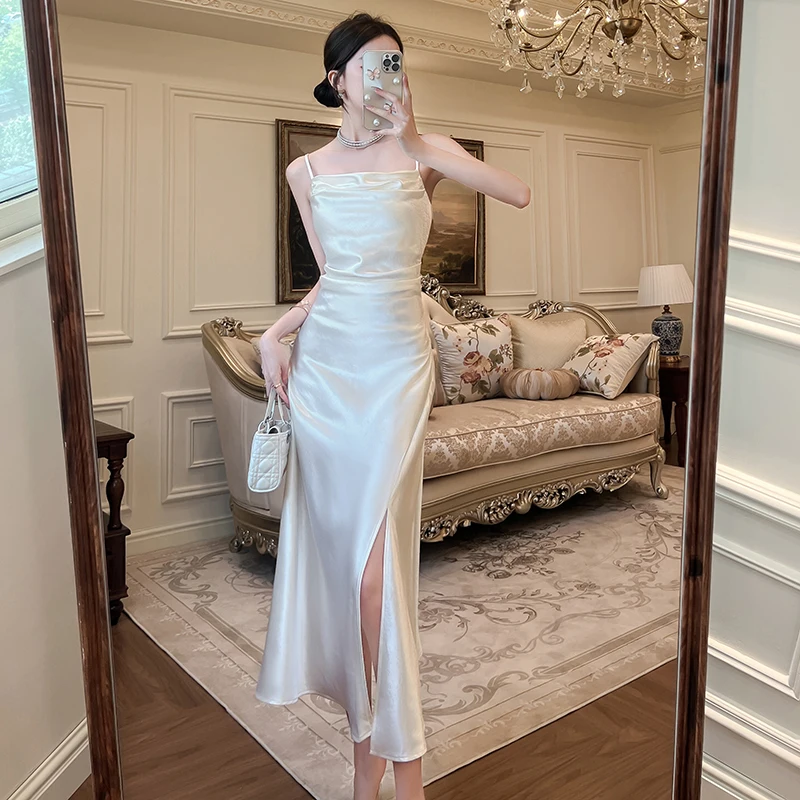 Women Sleeveless Yellow Camisole Dress Spring Summer Silk Satin Long Dress Slim Slit Sexy Party Dresses