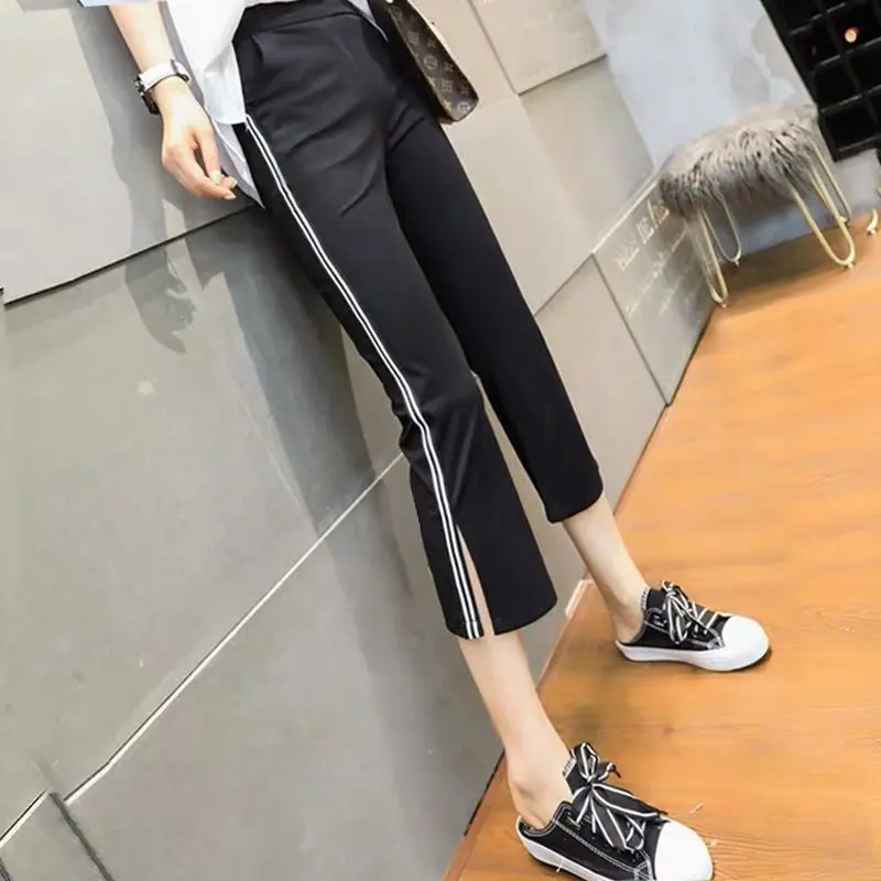 Summer Thin New Calf-Length Pants Slim Irregular Flare Femme Oversized Simplicity Solid Color Elastic Waist Trousers Women\'s