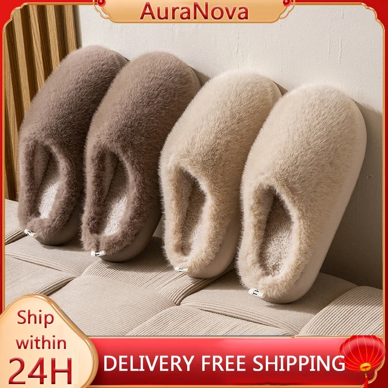 

Faux Furry Warm Home Cotton Slippers Women 2025 Winter Closed Toe Platform Plush Slippers Woman Cozy Non Slip Cotton Slides Lady