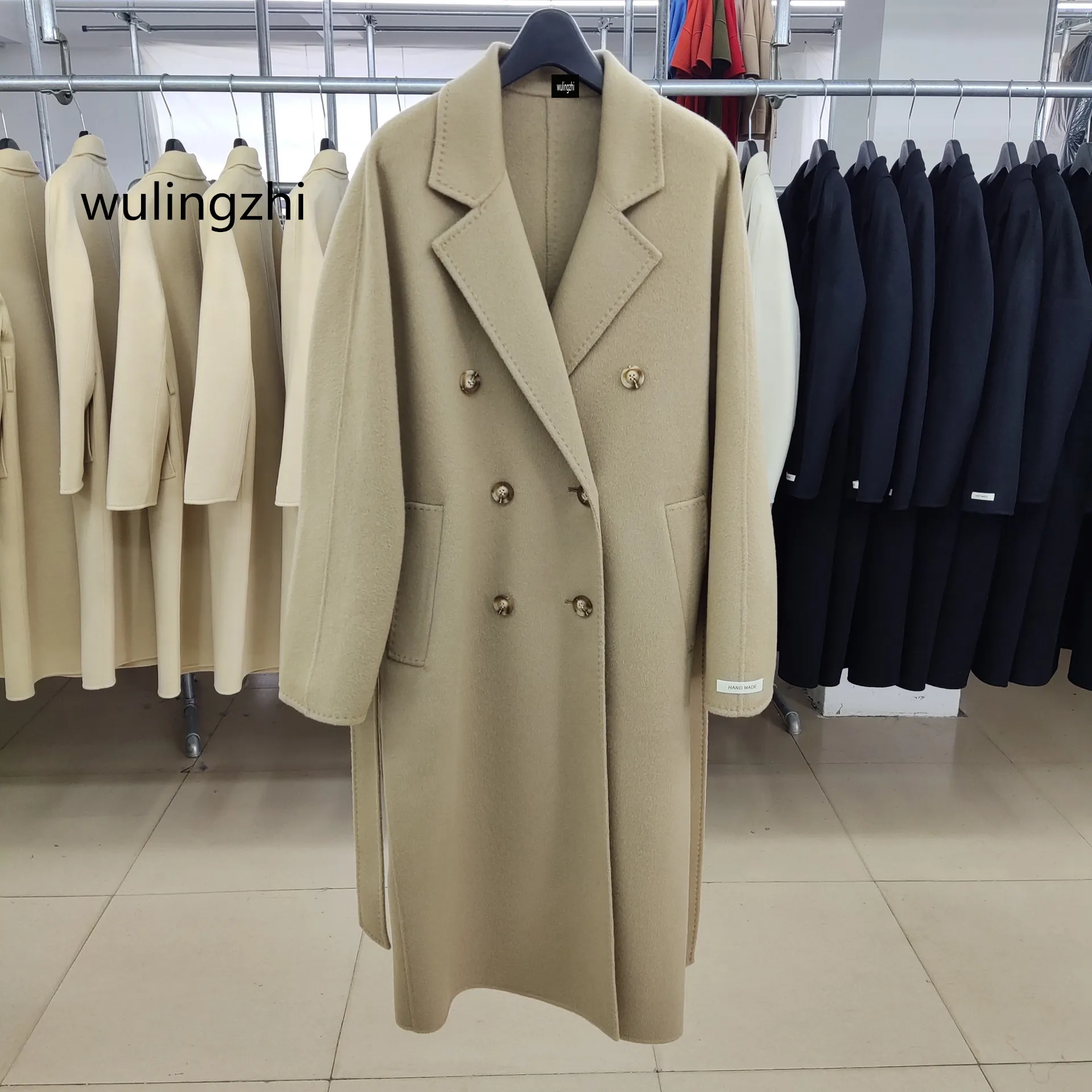 

wulingzhi 100% Wool Coat 2024 Double Sided Wool Outerwear Female Medium Length OL Top Double Breasted With Belt Overcoat New