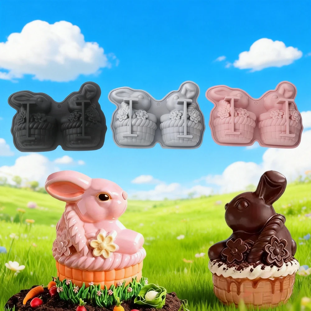 2-fach Silikonform mit Blumenkorb und Hase, Oster-Cartoon-Häschen Schokoladen-Pudding-Dessertform, französische Gebäck-Backform