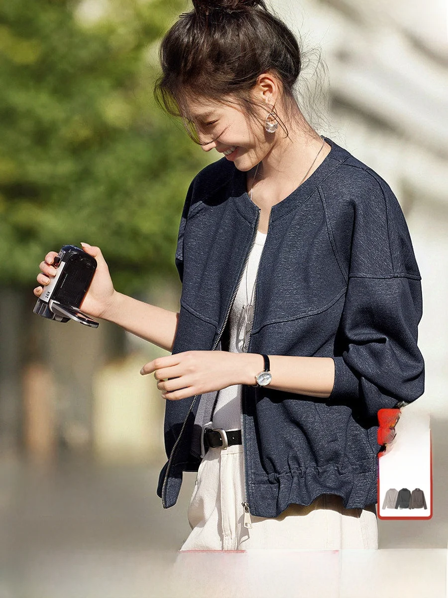 

Женская повседневная джинсовая куртка XWI Commuter с круглым вырезом, утягивающим поясом, короткая верхняя одежда из смесового хлопка и полиэстера