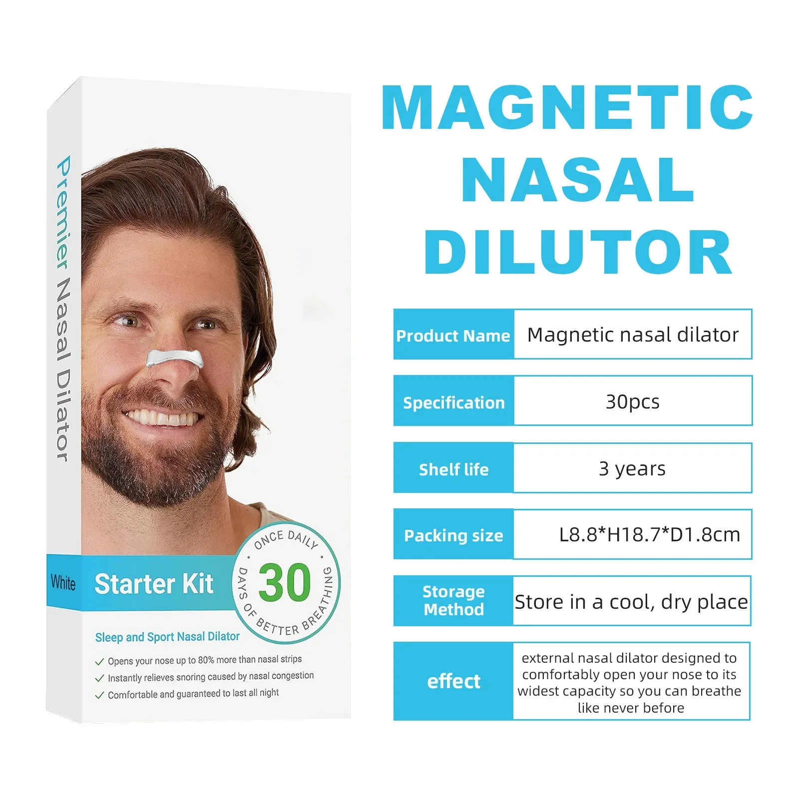 60PCS Sport Nasal Dilator Sleep Nasal Breathing Dilators Starter Kit Nose Breathe Strips Magnetic Nasal Strips Reduce Snoring