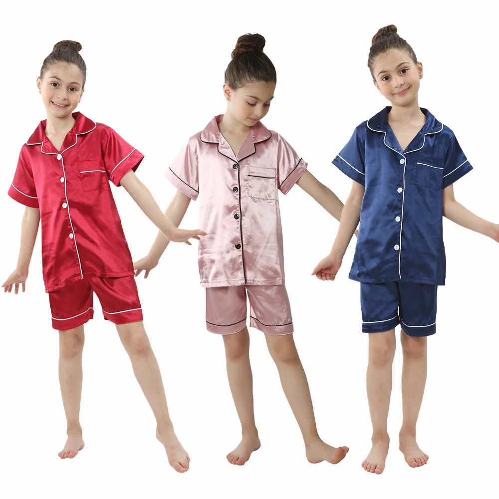 teenager home pajamas girls sleepwear kids silk satin party nightgown boys button-down pijama children solid color loungewear