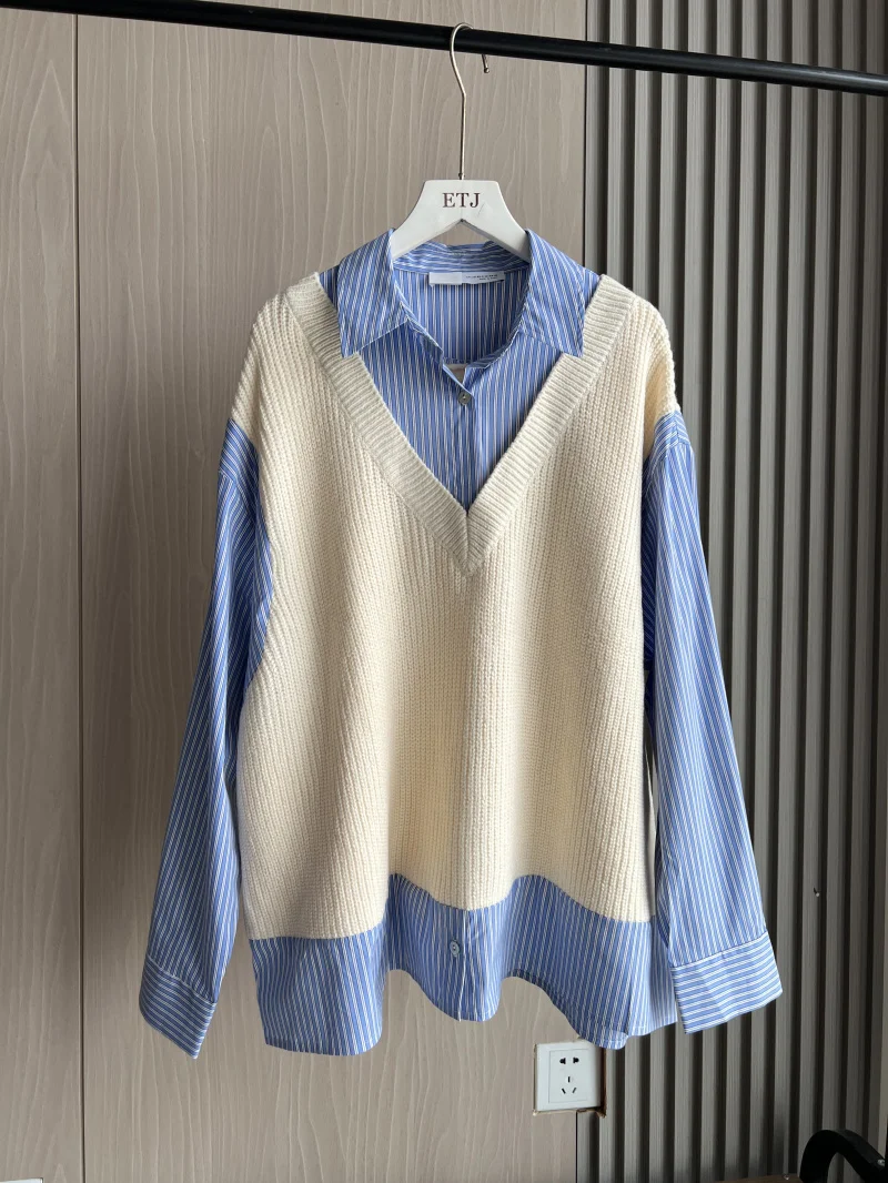 Oversized patchwork knit shirt traf 2024 new women\'s fashion knit vest patchwork vertical striped lapel long sleeve shirt