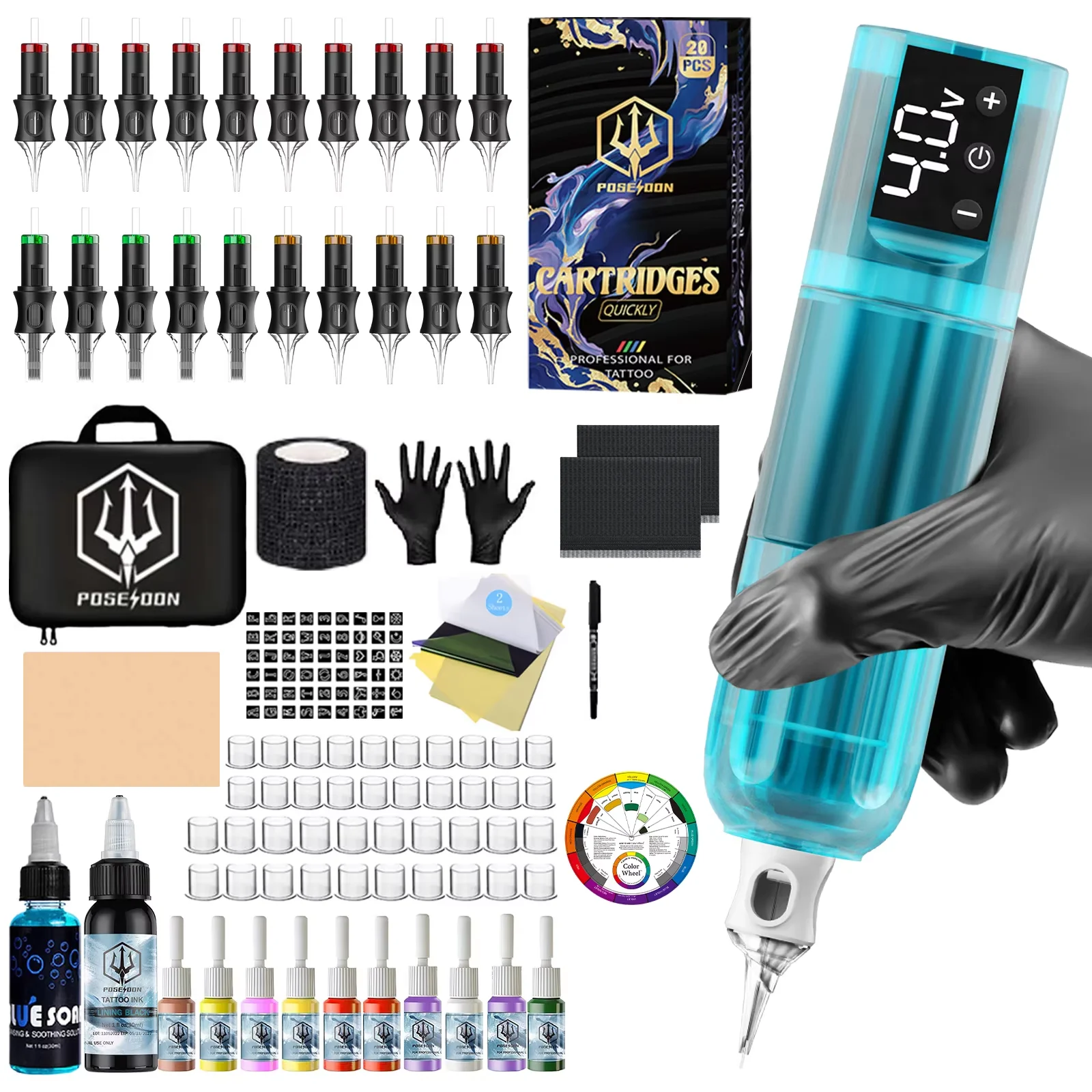 Tattoo Kit POSEIDON V5 Tattoo Stift Kit Für Permanent Make-Up Tattoo Maschine Kit Blau Transparent Tattoo Netzteil Tattoo Kit