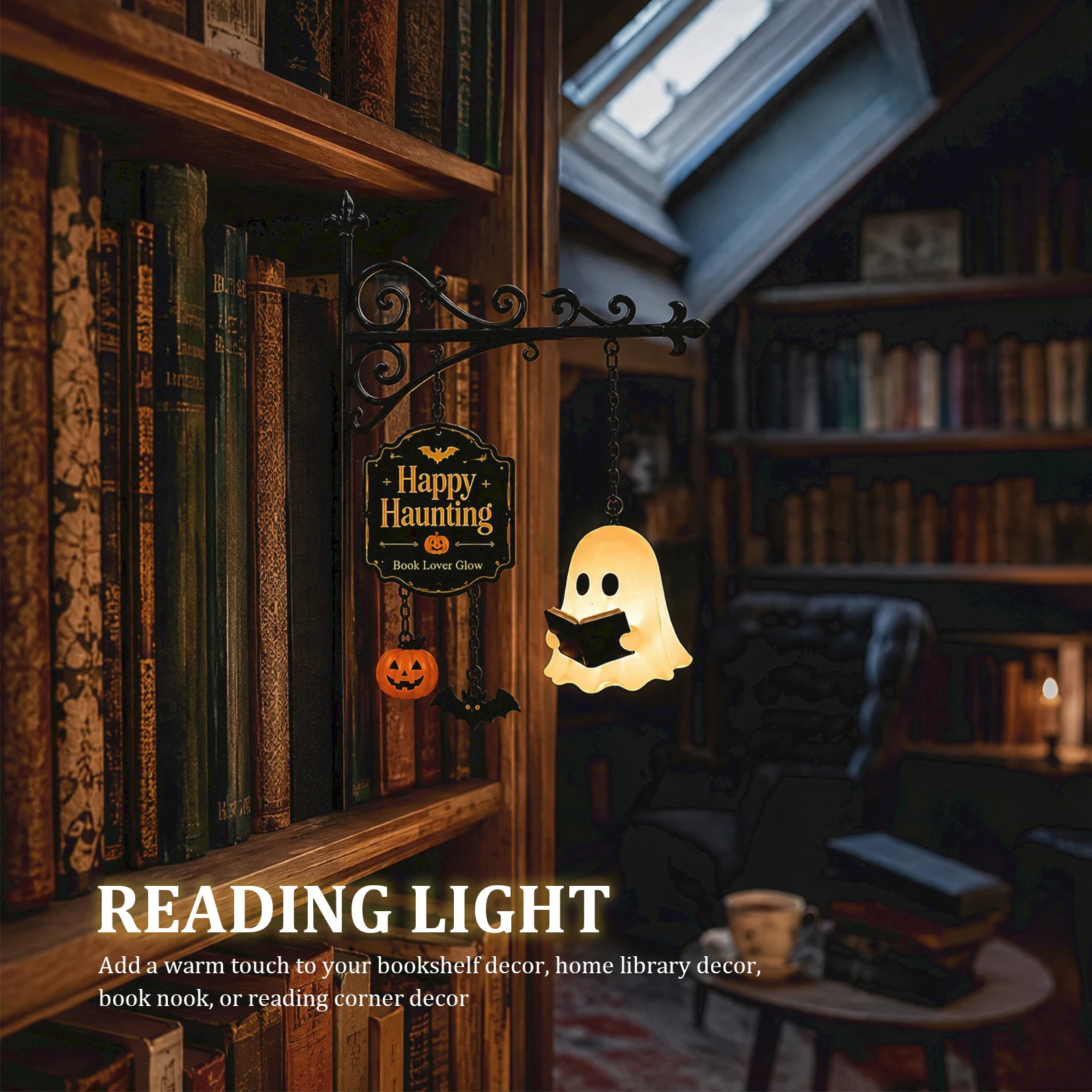 Spooky Halloween Bookshelf Lighting Magic Library Lantern Bookend Lamp for Party Haunted House Study Room Gift for Book Lovers