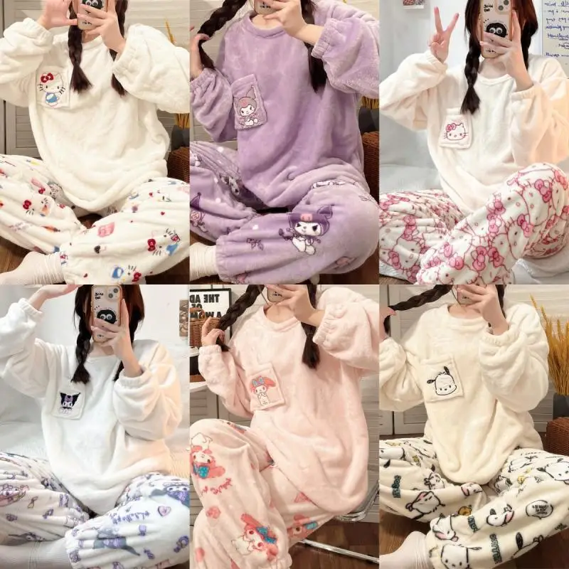 Sanrio Anime Hello Kitty Kawaii Pajamas Girl Round Neck Loungewear Set Good Looks Flannel Coral Fleece Thicken Long Sleeves Gift