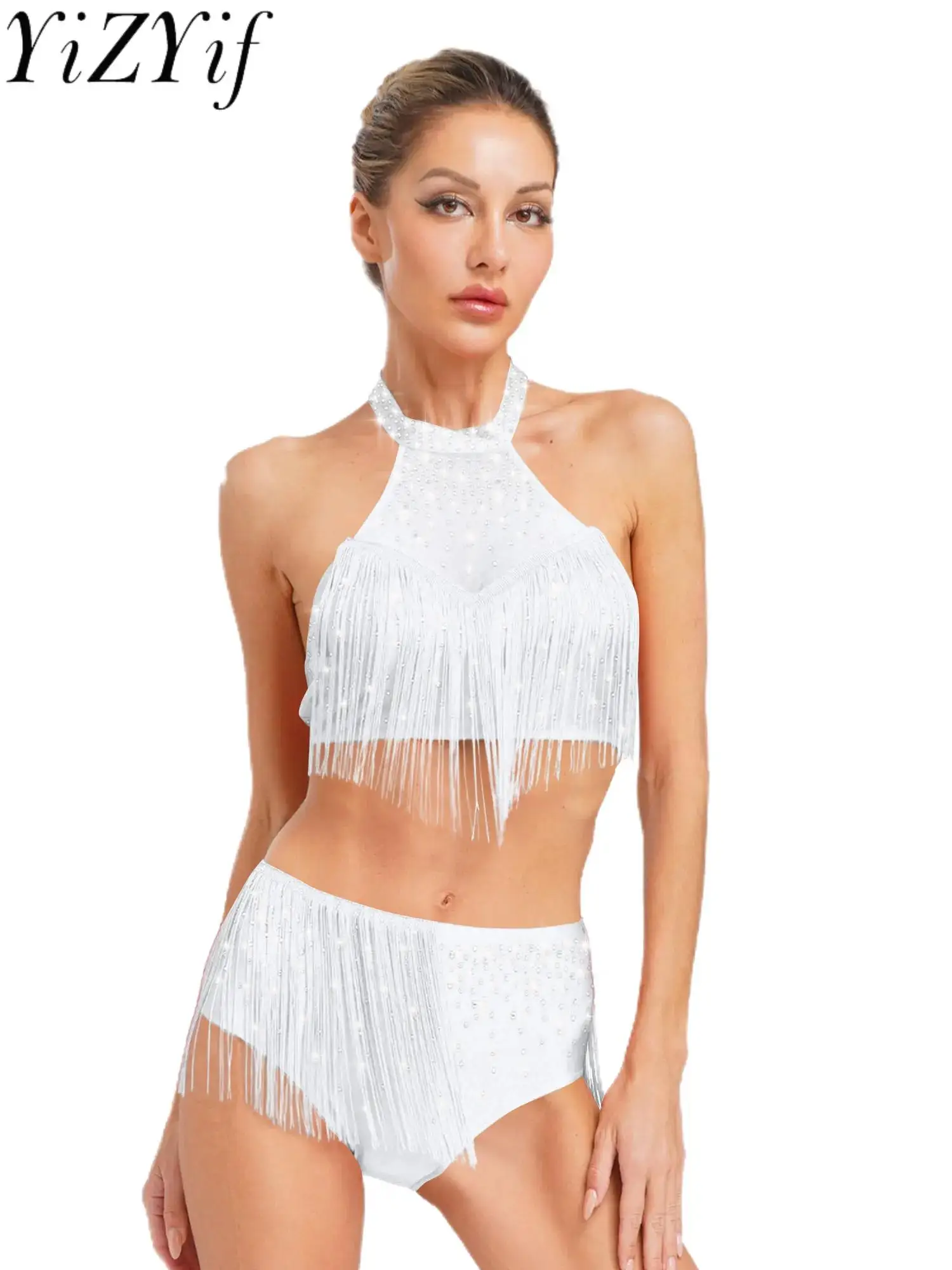 

Two Pieces Belly Latin Rumba Tassel Dance Competition Outfits Adult Female Halter Crop Tops And Tassel Underwear Dance Costumes