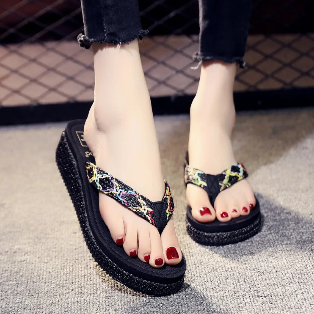 Slippers for Women 2026 Summer New Lafite Grass Exterior Sandals Mid Heel Thick Soled Anti Slip Beach Flip Flops Womens Shoes