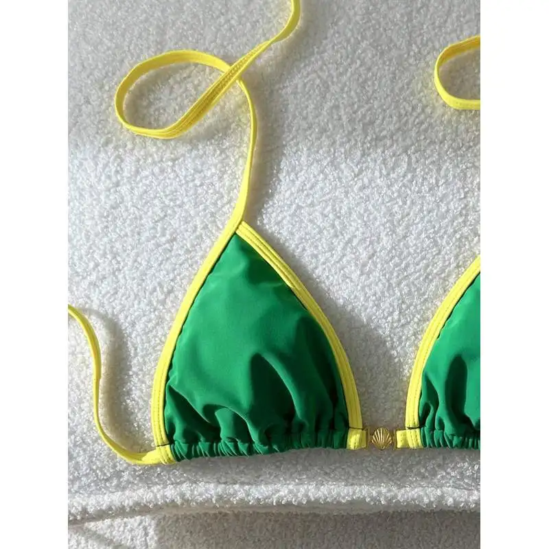 JEWELRY SEN Women Triangle Bikini Top Halter Tie‑Up Contrast Binding Shell Buckle Solid Color Swimsuit Top Summer Beach Suit
