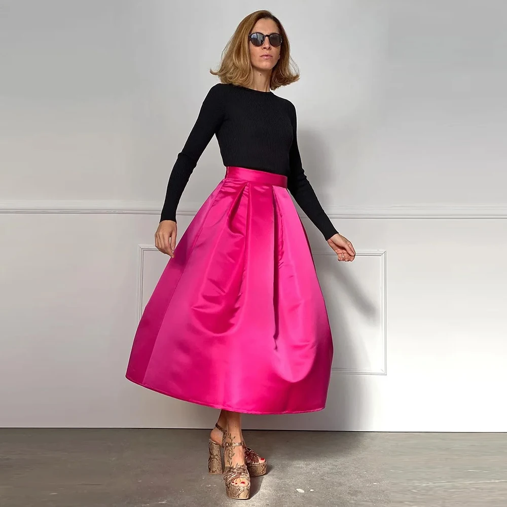 Gorgeous Fuchsia  Satin A Line  Skirts Girls Birthday Party Women Prom Party Formal Wear Lady High Waist Skirt  Wedding Skirts