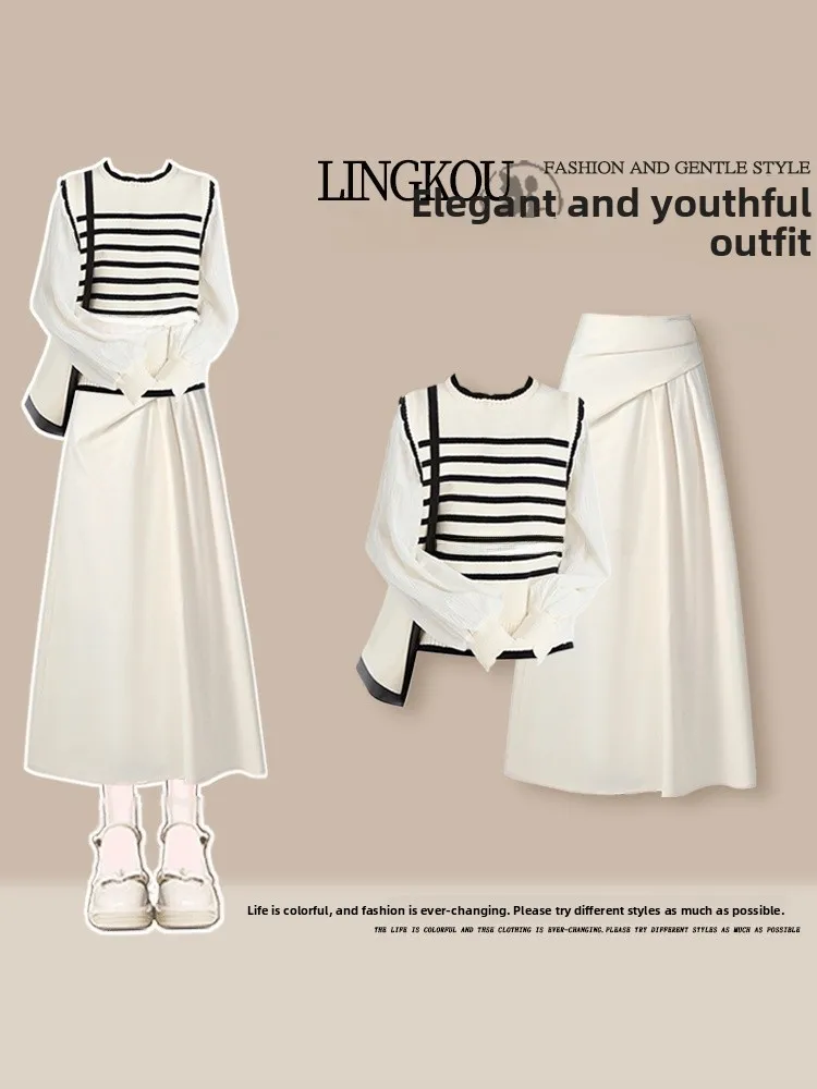 

Light Mature Style Women's Knitted Stripe Top And High Waist Skirt Set Autumn Fashion Ensemble Casual Wear for Adults
