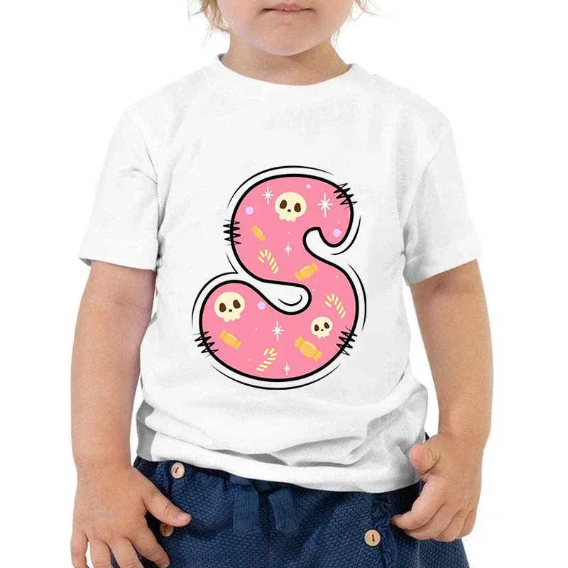 Kawaii Doughnut Style Alphabet Print T Shirts Kids Short Sleeve Tshirt Cartoon Pink Letter Boys Girls T-shirt Autumn Tee Shirt