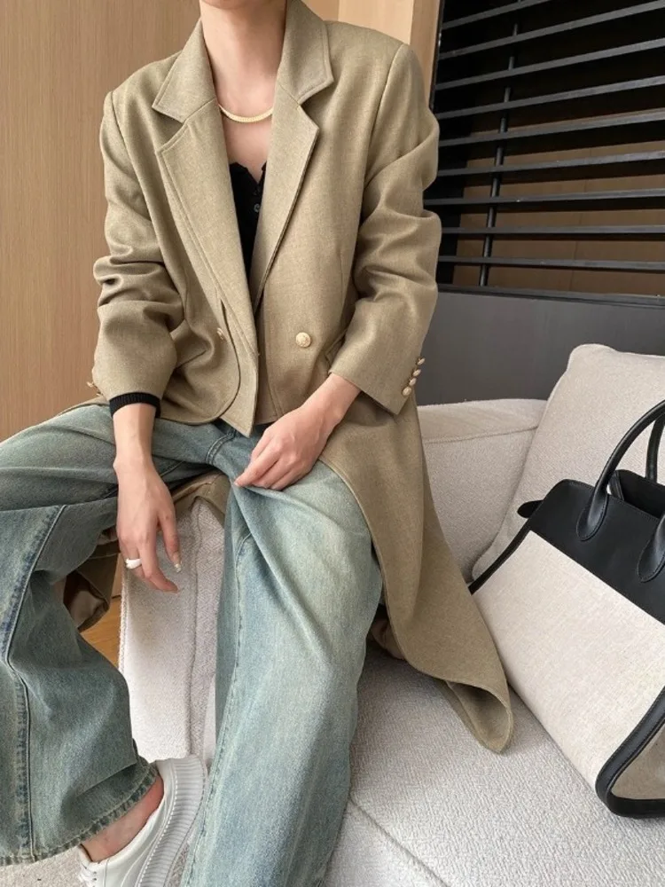 UCXQ Fashion Long jacket Office Lady Double Breasted Asymmetrical All Match Elegant Blazer Coat Women 2025 Spring Autumn 23C1159