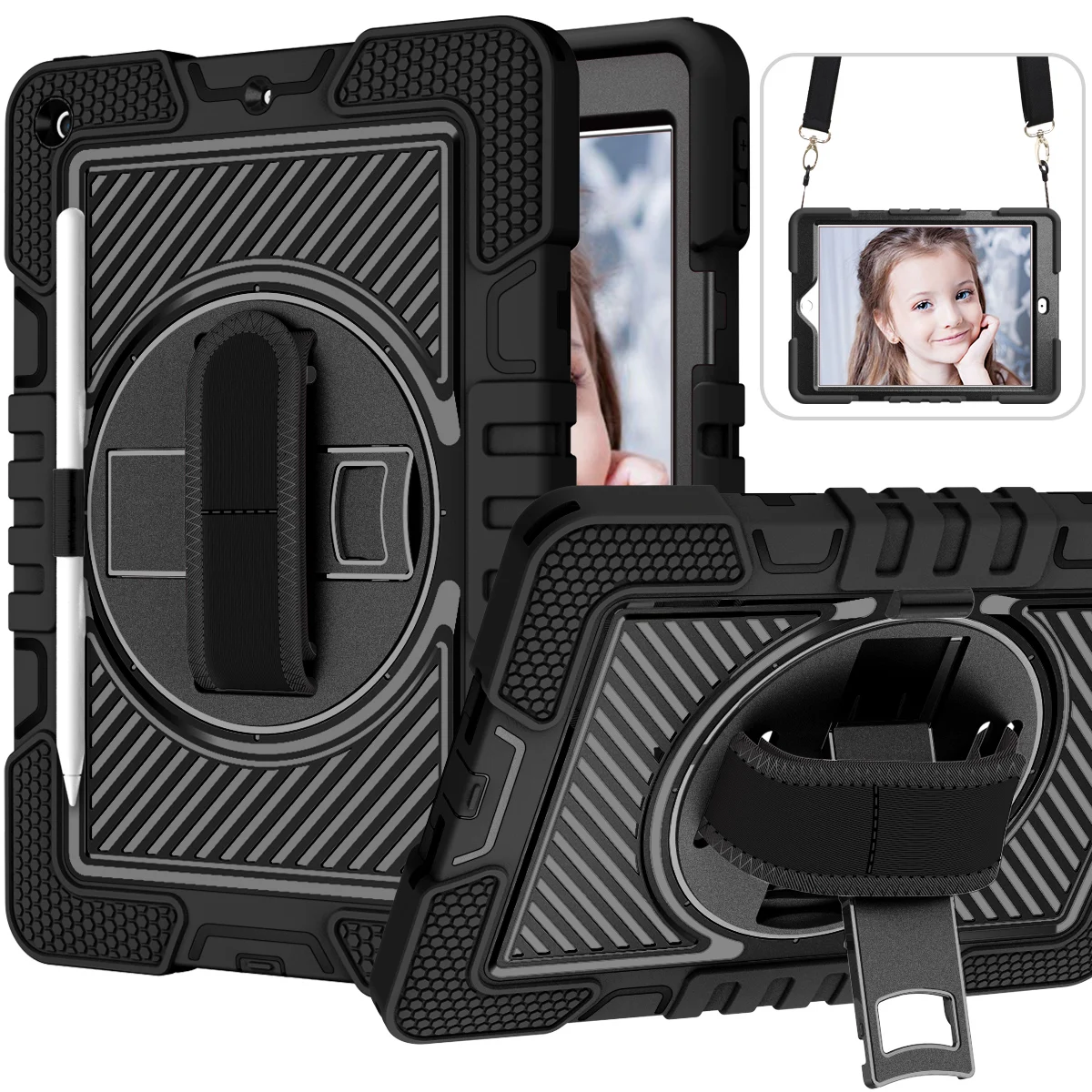

Сверхмощный чехол для iPad 10,2, 2019, 2020, 2021, 7-го, 8-го, 9-го поколения, вращающийся на 360 градусов бронированный чехол с подставкой и плечевым ремнем