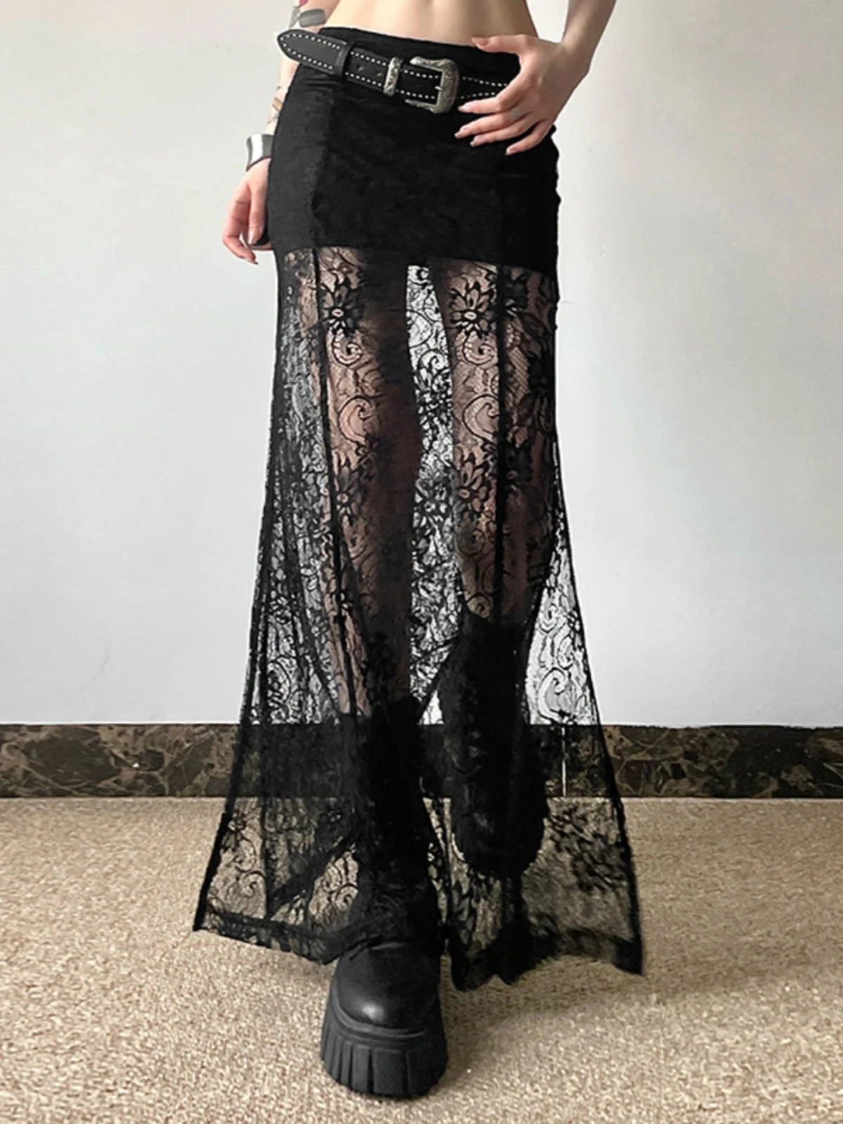 

WEIRD PUSS Versatile Lace Hook Embroidery Texture f-length Skirt for Women Cool Sexy Sli Ladies' Skirt