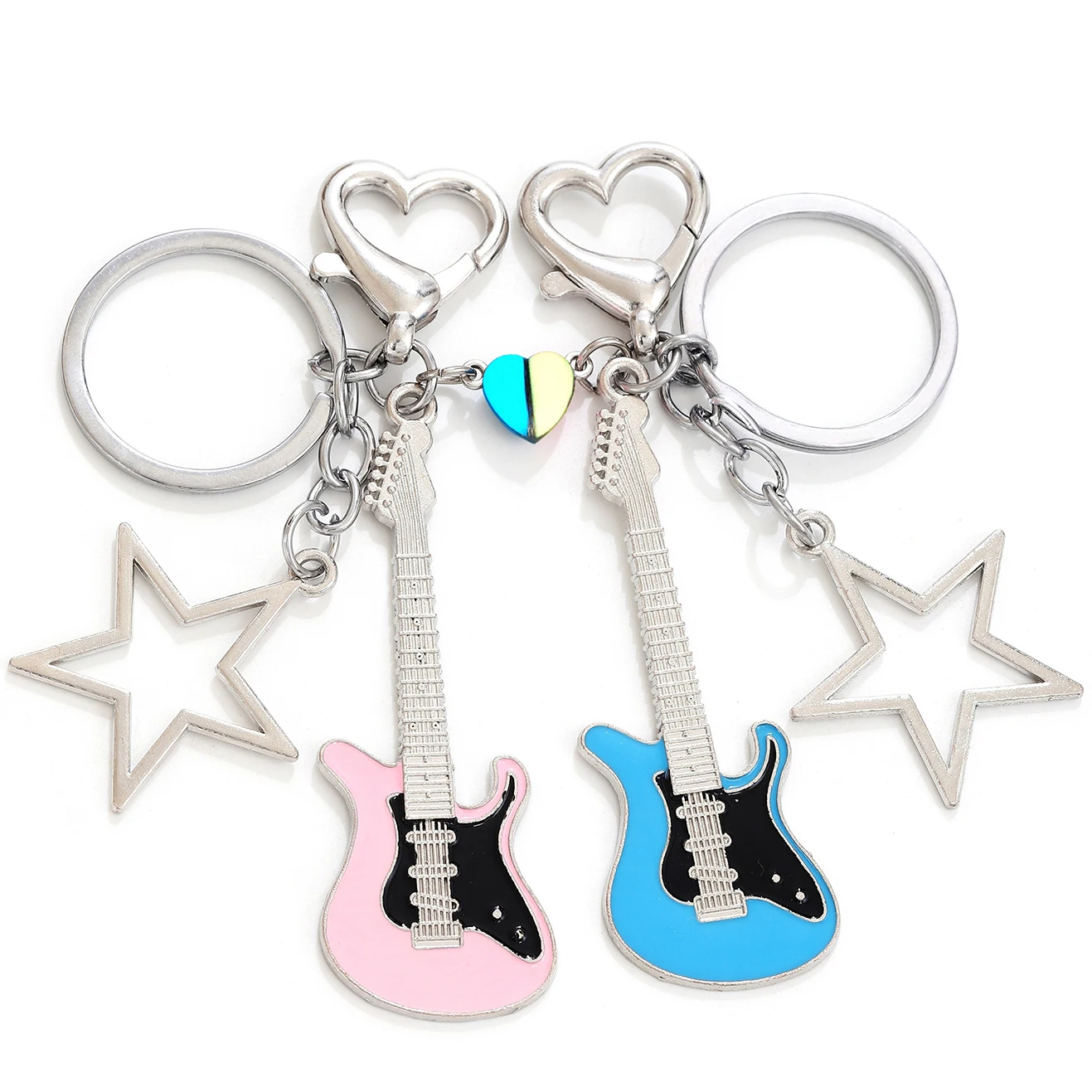 

2PC Y2k luminous Magnetic Heart Couple Matching Keychains for Men Women Guitar Pentagram Pendant Rock Punk Glow in the Dark Gift