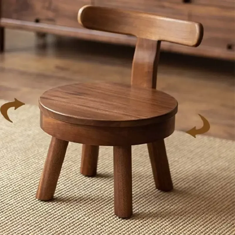 Solid Wood Round Stool With Rotatable Backrest Coffee Table Low Stool Backrest Chair Kids Handcrafted Wood Stool Household Use