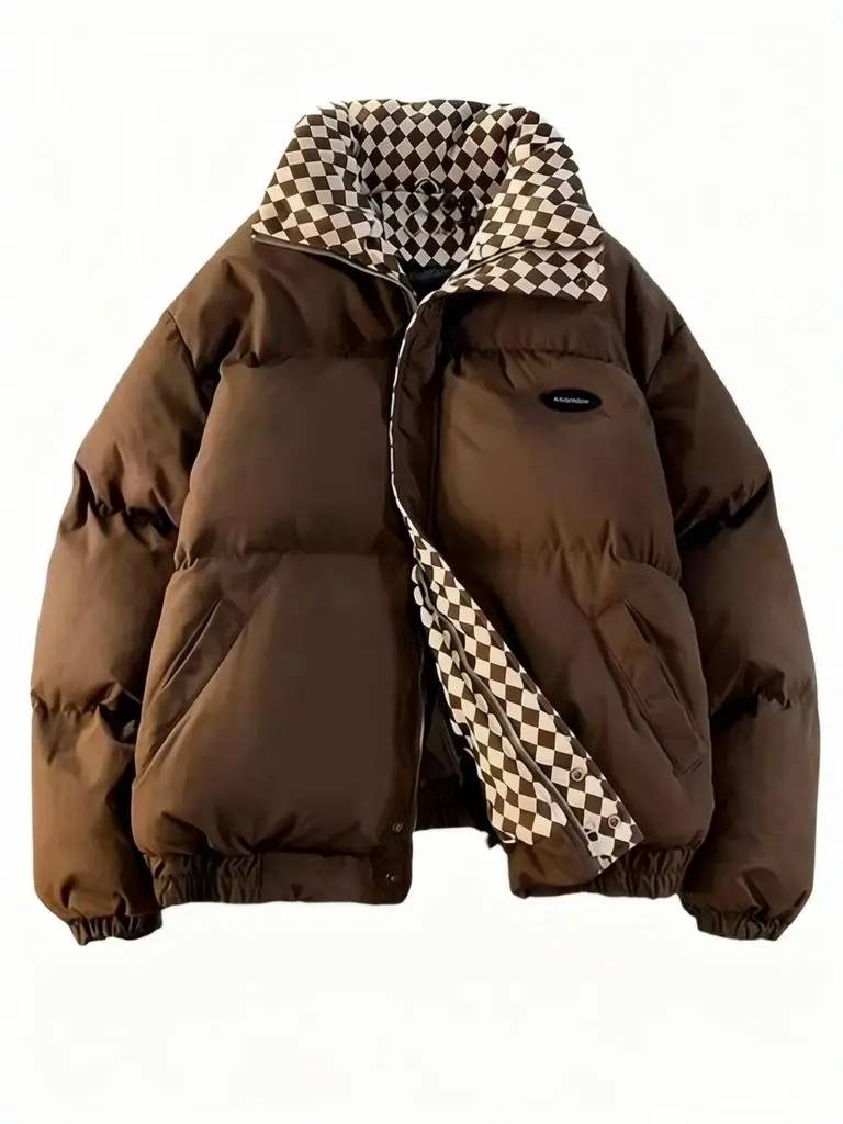 Brown Plaid Warm Oversize Puffer Jacket Women Thick Padding Cotton Long Sleeve Cropped Coat Fall Winter Top Outwear Stand Collar