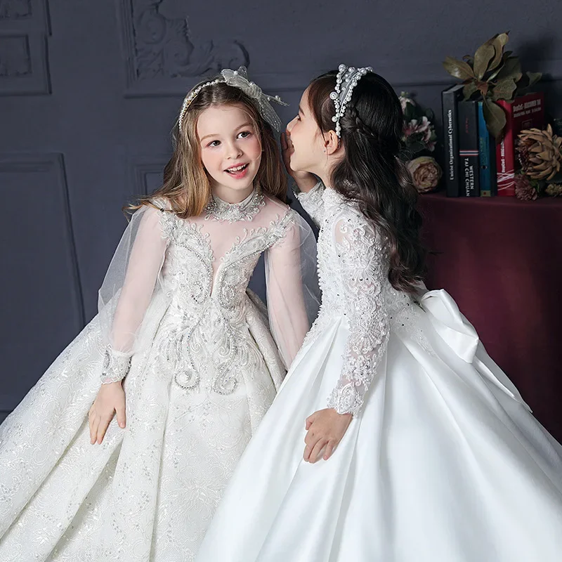 Elegant White Flower Girl Dress, First Communion Gown, Wedding Party Dress with Lace & Bow فساتين اطفال سهرة بن