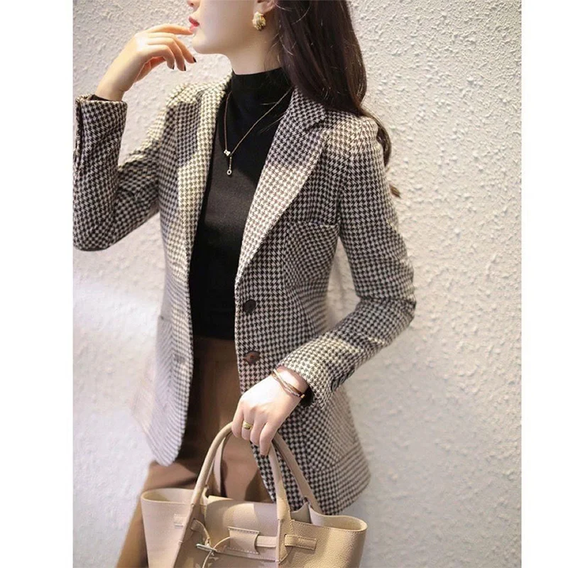 Autumn Winter Oversized Office Lady Elegant Fashion Houndstooth Print Blazer Outwear Women Loose Casual All-match Woolen Suit