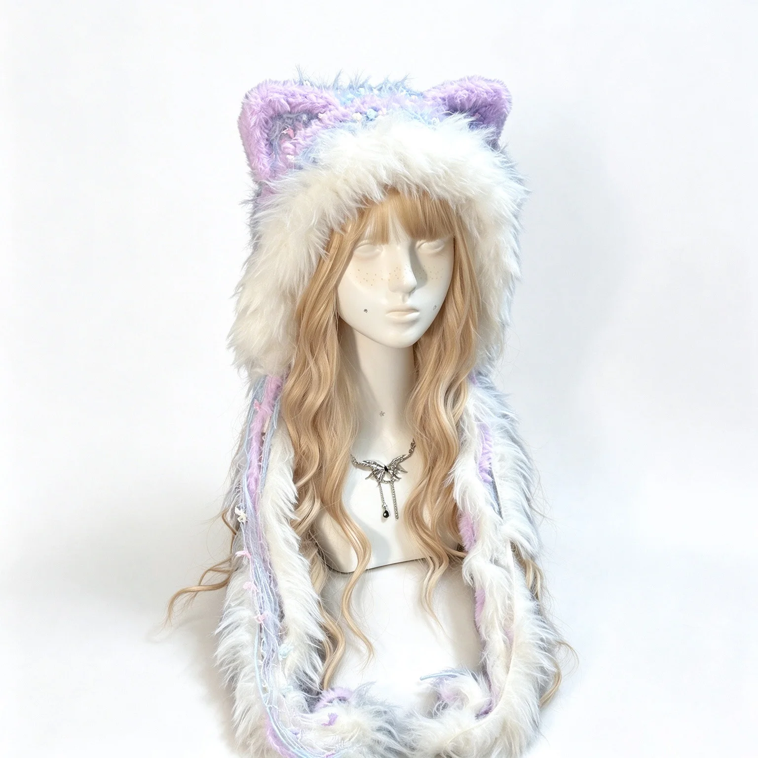 Handmade White Purple Kawaii Cat Ear Hood Hat Women Winter Custom Crochet Fluffy Knit Beanie Girls Warm Sweet Lolita Cap Ladies