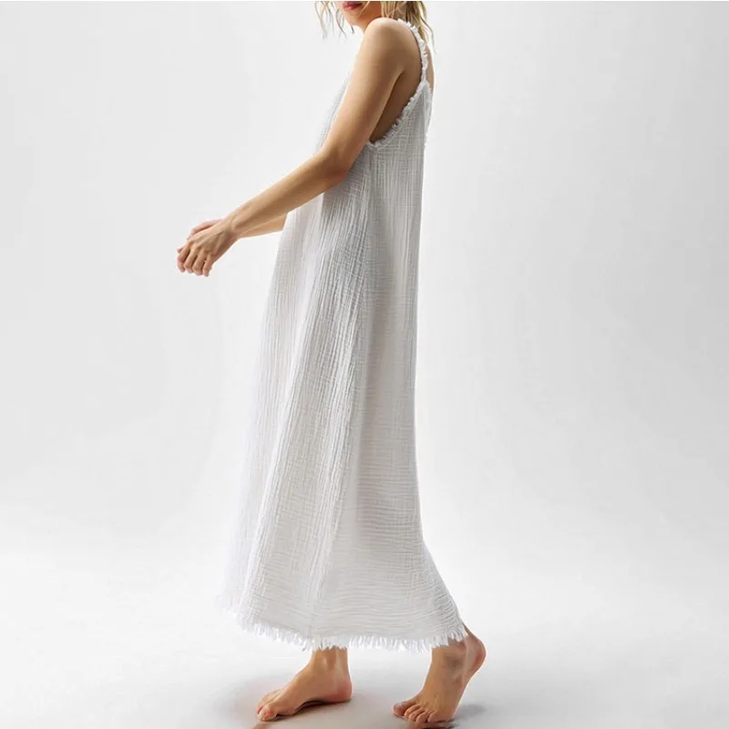 Wholesale Women’s Long Cotton Nightdress, European American Style Backless Split Slip Dress, Elegant Sleeveless Strappy Pajamas