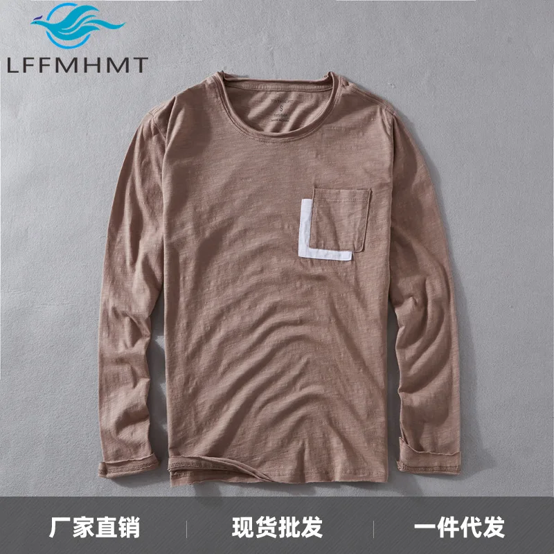 Men 100% Cotton Long Sleeve T-Shirt Japanese Style Crew Neck Slub Washed Soft Comfortable Loose Casual Basic Autumn Tees
