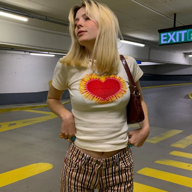 Retro American Vintage Wheat Color Heart Short Sleeve T-Shirt Women's Summer Short Style Versatile Streetwear round Neck