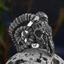 Vintage 316L Stainless Steel Big Sheep Goat Horn Head Ring Satan Worship Aries Zodiac Sheep Anel For Man Unique Animal Jewelry